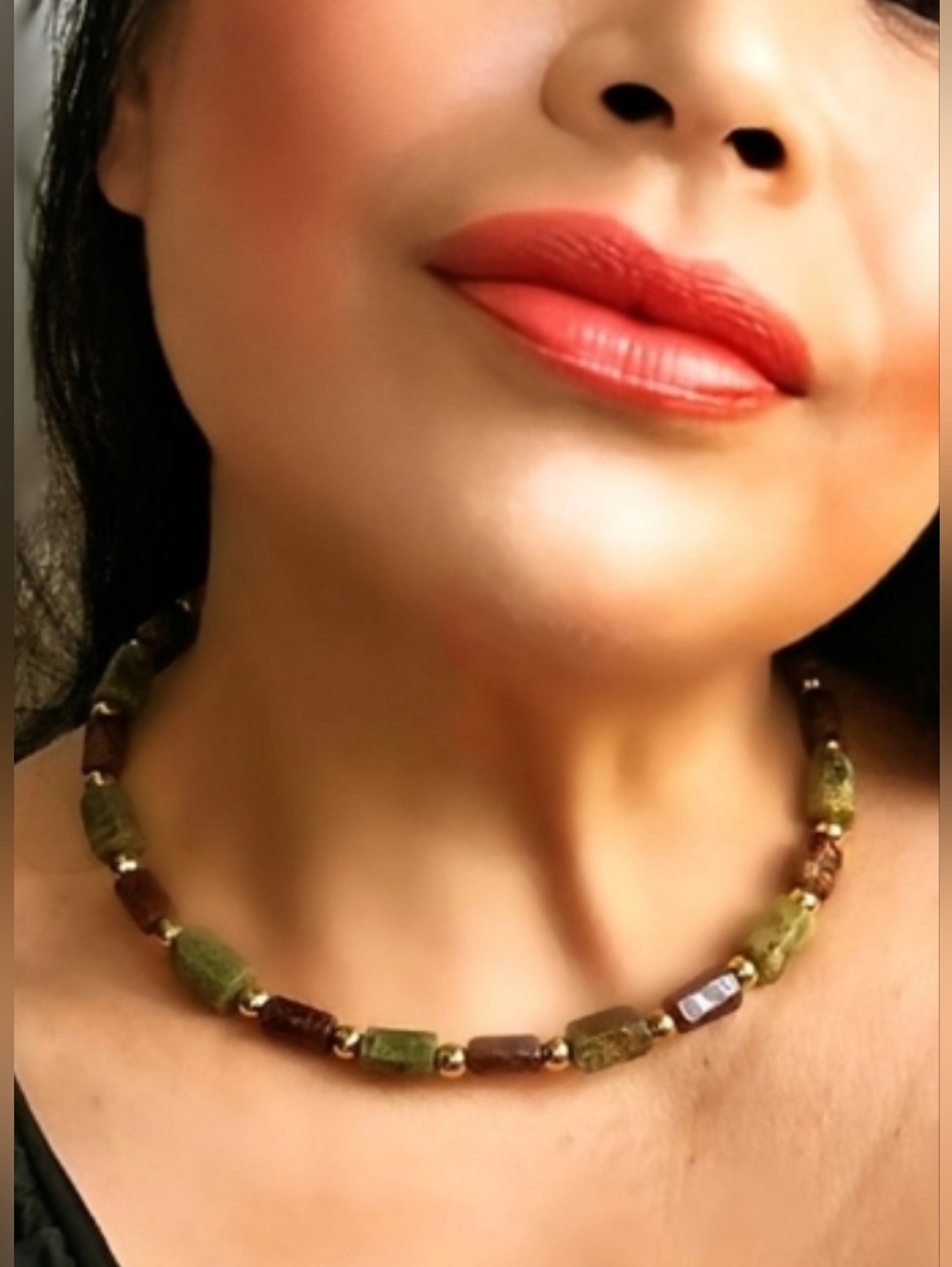 Stunning Garnet Hessonite & Green Garnet In Chunky Gold Plated Necklace / Choker